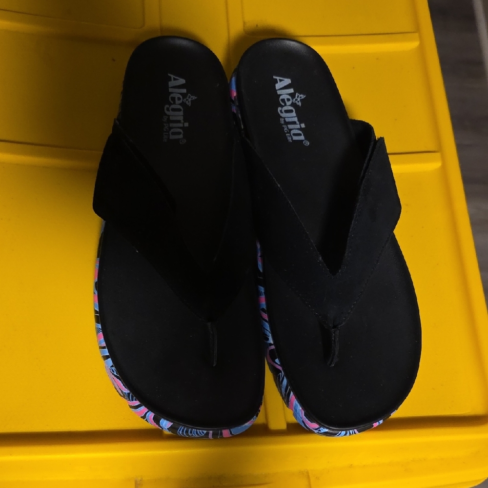 Alegria Womens Black Sandals with Multicolor Sole